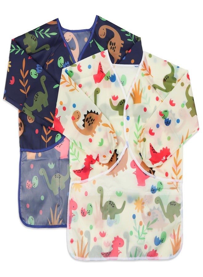 BAHABY Kids Art Smocks 2 Pack Dinosaur Painting Aprons for Children Waterproof Artist Smock with Long Sleeve and 3 Pockets for Age 3-8 Years - Image 2